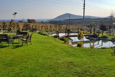 Adayel Bağ Evi’nin yemyeşil çim bahçesi, küçük göleti ve uzakta deniz manzarasıyla Bozcaada’nın bağları arasında sakin bir atmosfer.